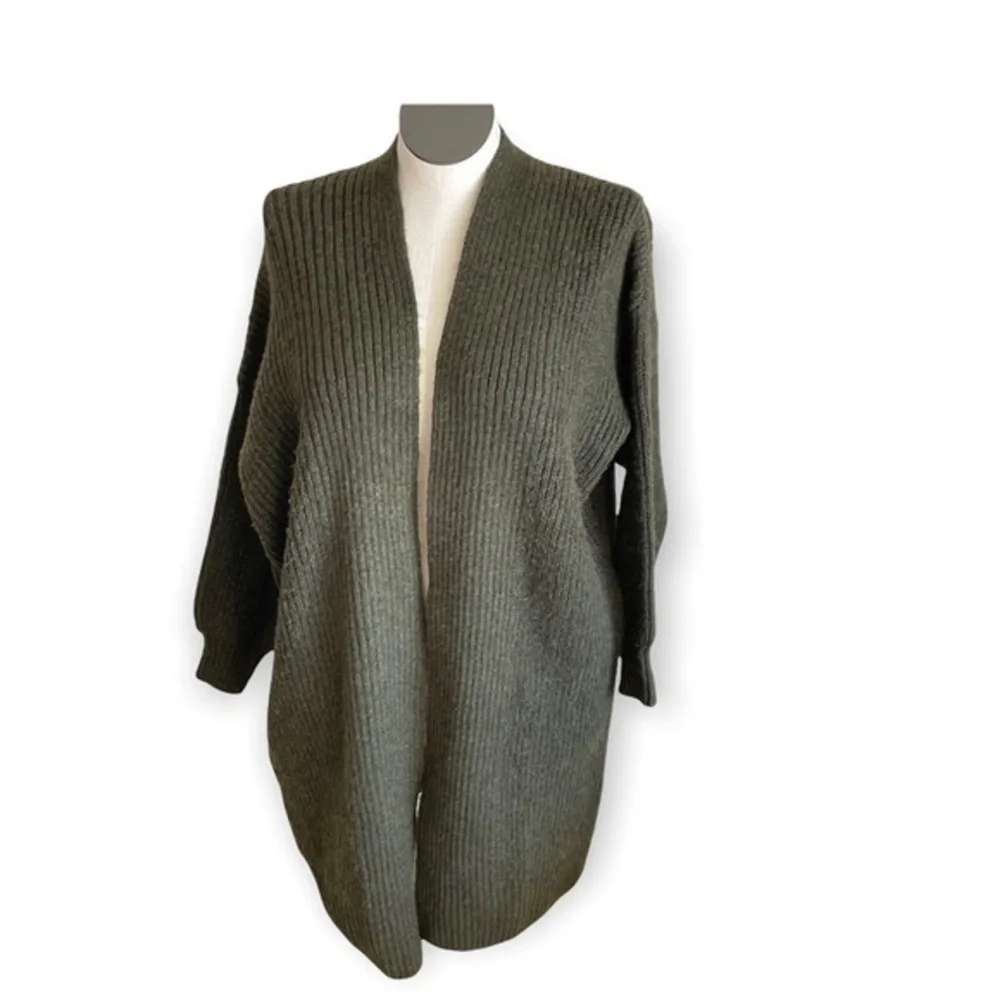 Topshop long cardigan sweater women Olive Green Long Ribbed Open Front  Sz 8-10